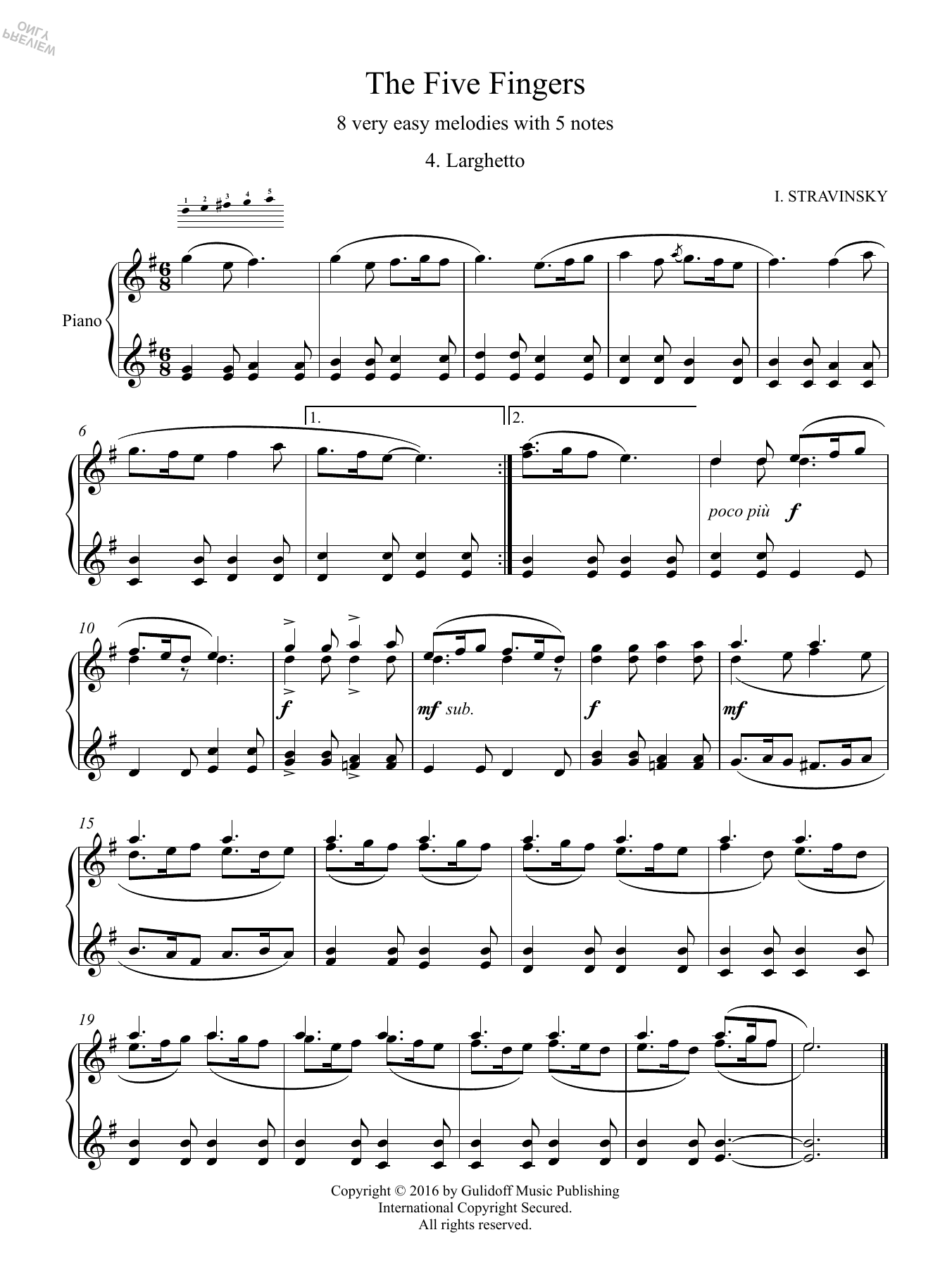 Igor Stravinsky Five Fingers: 4. Larghetto Sheet Music Notes & Chords for Piano Solo - Download or Print PDF