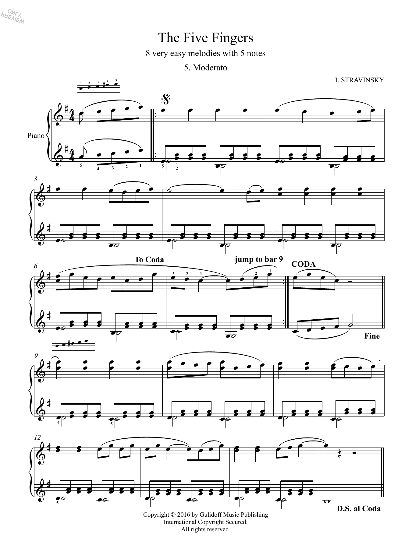 Igor Stravinsky Five Fingers: 5. Moderato Sheet Music Notes & Chords for Piano Solo - Download or Print PDF