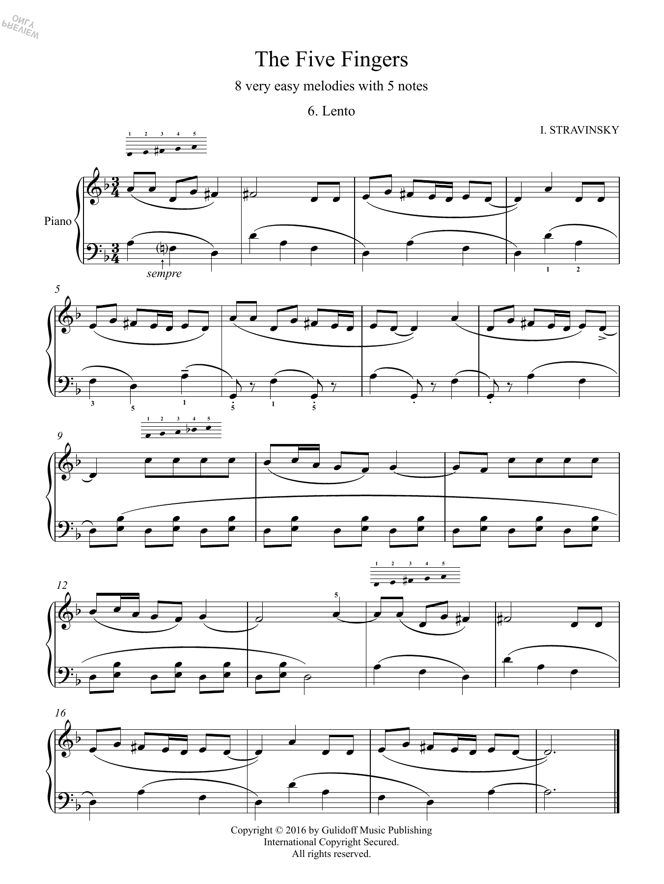 Igor Stravinsky Five Fingers: 6. Lento Sheet Music Notes & Chords for Piano Solo - Download or Print PDF