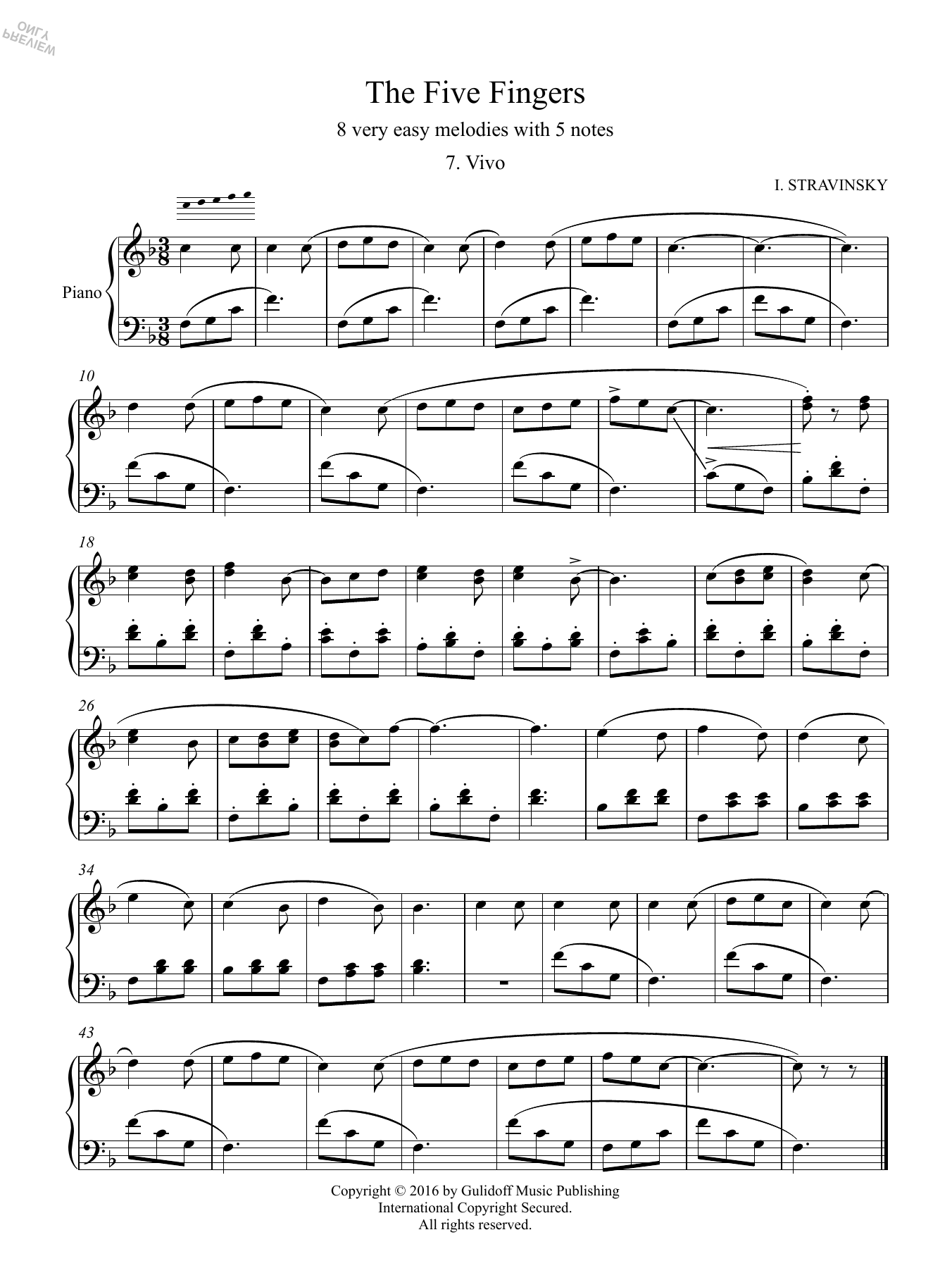 Igor Stravinsky Five Fingers: 7. Vivo Sheet Music Notes & Chords for Piano Solo - Download or Print PDF