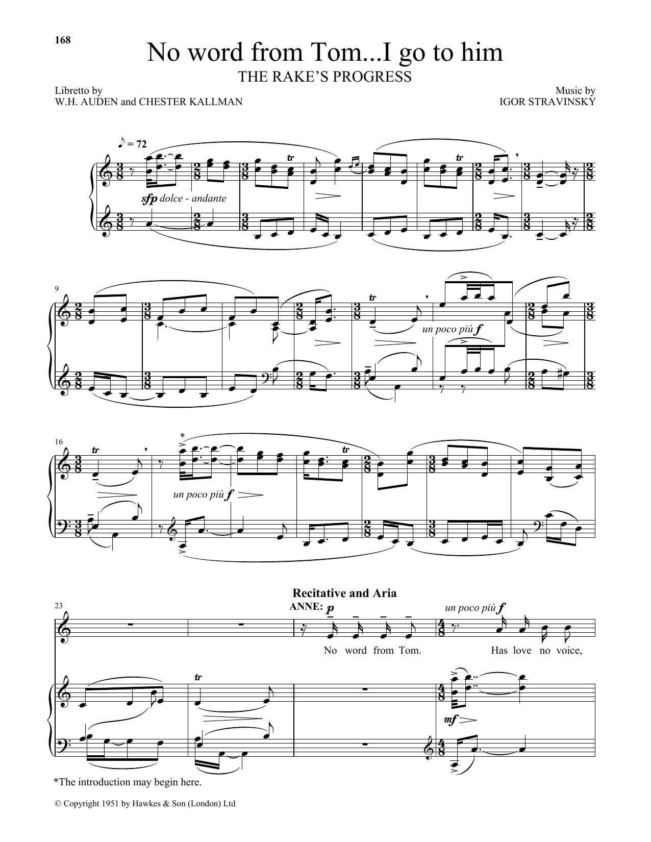 Igor Stravinsky No word from Tom...I go to him (from The Rake's Progress) Sheet Music Notes & Chords for Piano & Vocal - Download or Print PDF