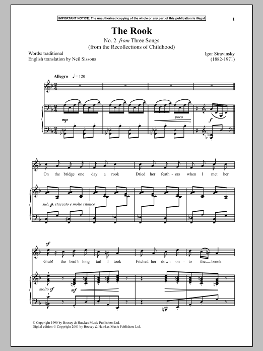 Igor Stravinsky The Rook (from The Recollections Of Childhood) Sheet Music Notes & Chords for Piano - Download or Print PDF