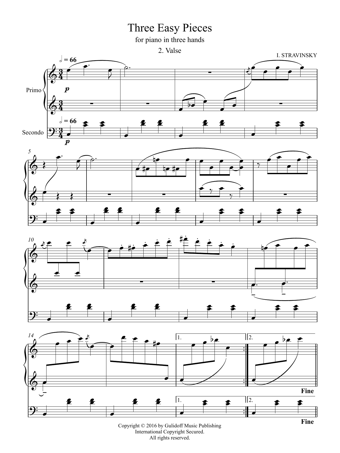 Igor Stravinsky Three Easy Pieces for piano in three hands 2. Valse Sheet Music Notes & Chords for Piano Duet - Download or Print PDF