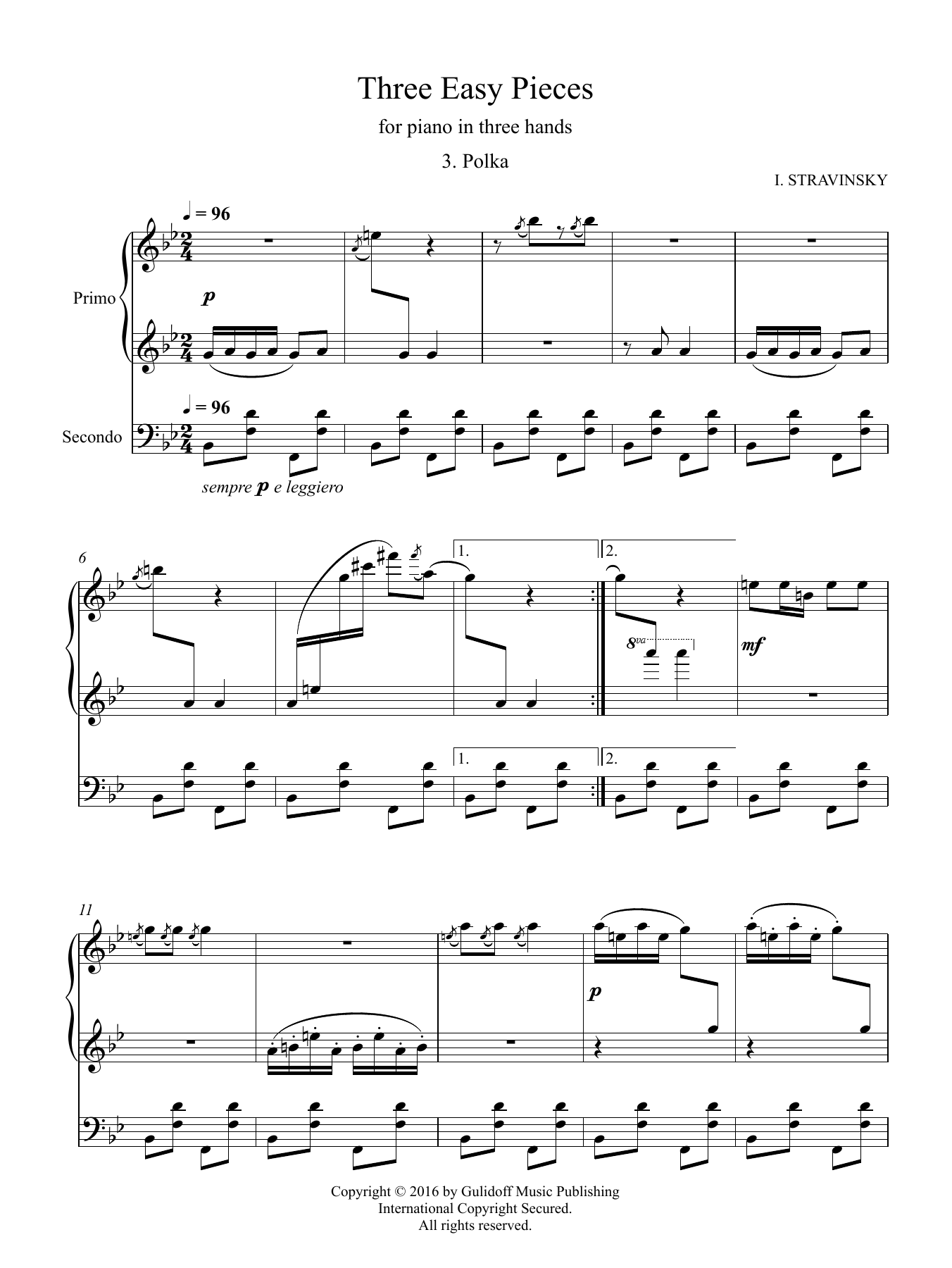Igor Stravinsky Three Easy Pieces for piano in three hands 3. Polka Sheet Music Notes & Chords for Piano Duet - Download or Print PDF