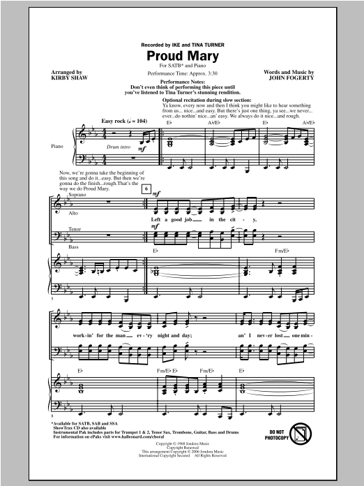 Ike & Tina Turner Proud Mary (arr. Kirby Shaw) Sheet Music Notes & Chords for SAB - Download or Print PDF