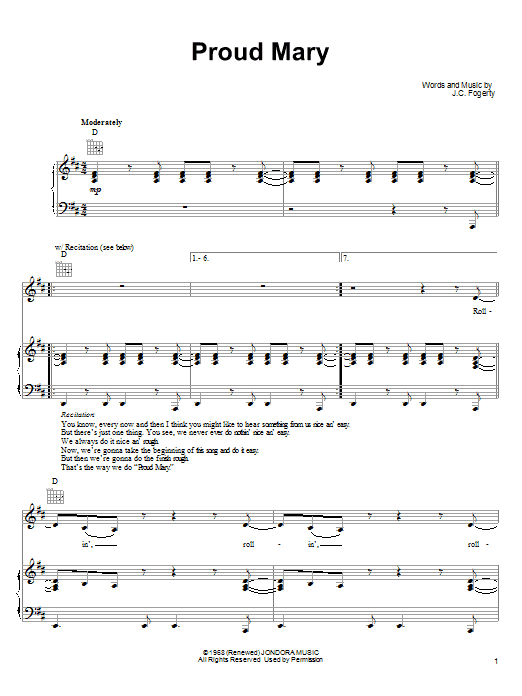 Ike & Tina Turner Proud Mary Sheet Music Notes & Chords for Piano, Vocal & Guitar (Right-Hand Melody) - Download or Print PDF