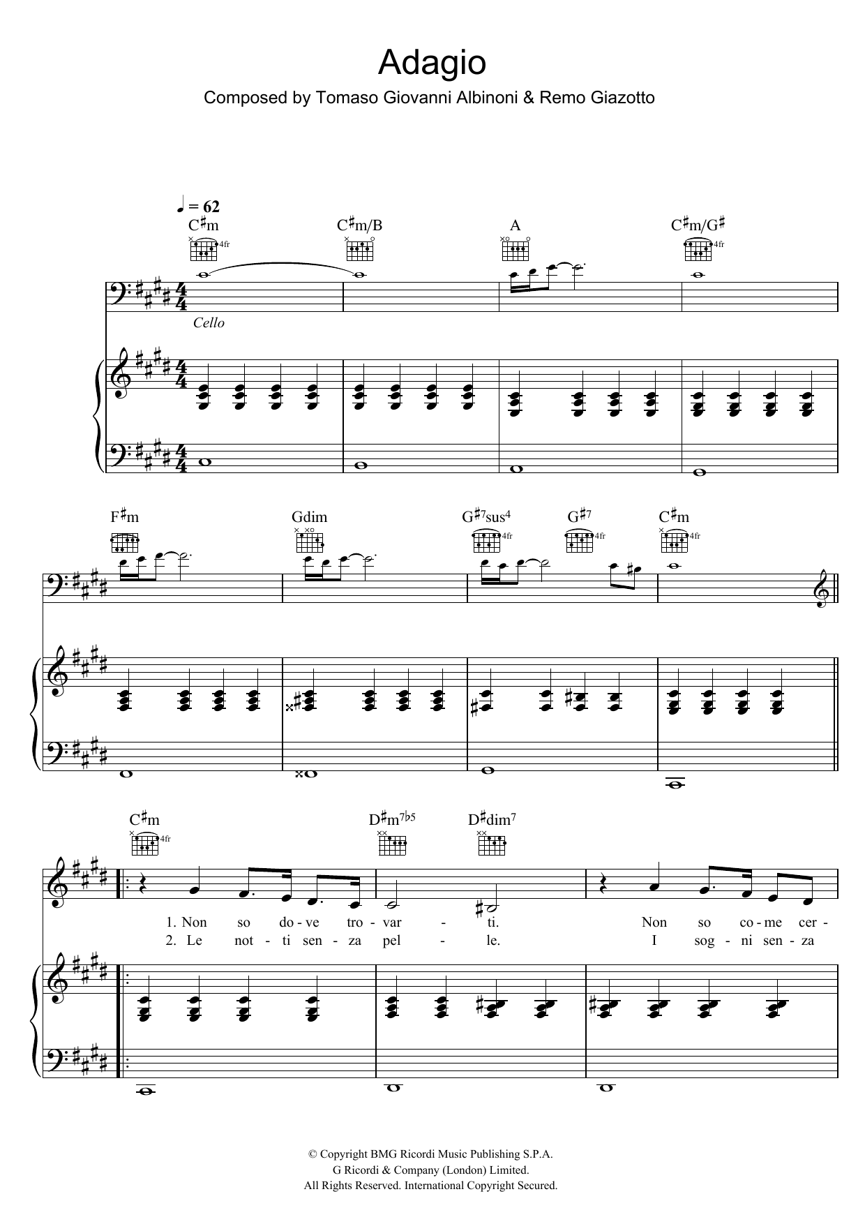 Il Divo Adagio in G Minor Sheet Music Notes & Chords for Piano, Vocal & Guitar - Download or Print PDF