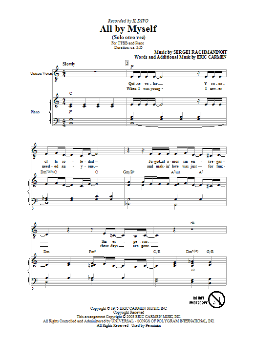 Il Divo All By Myself Sheet Music Notes & Chords for TTBB - Download or Print PDF