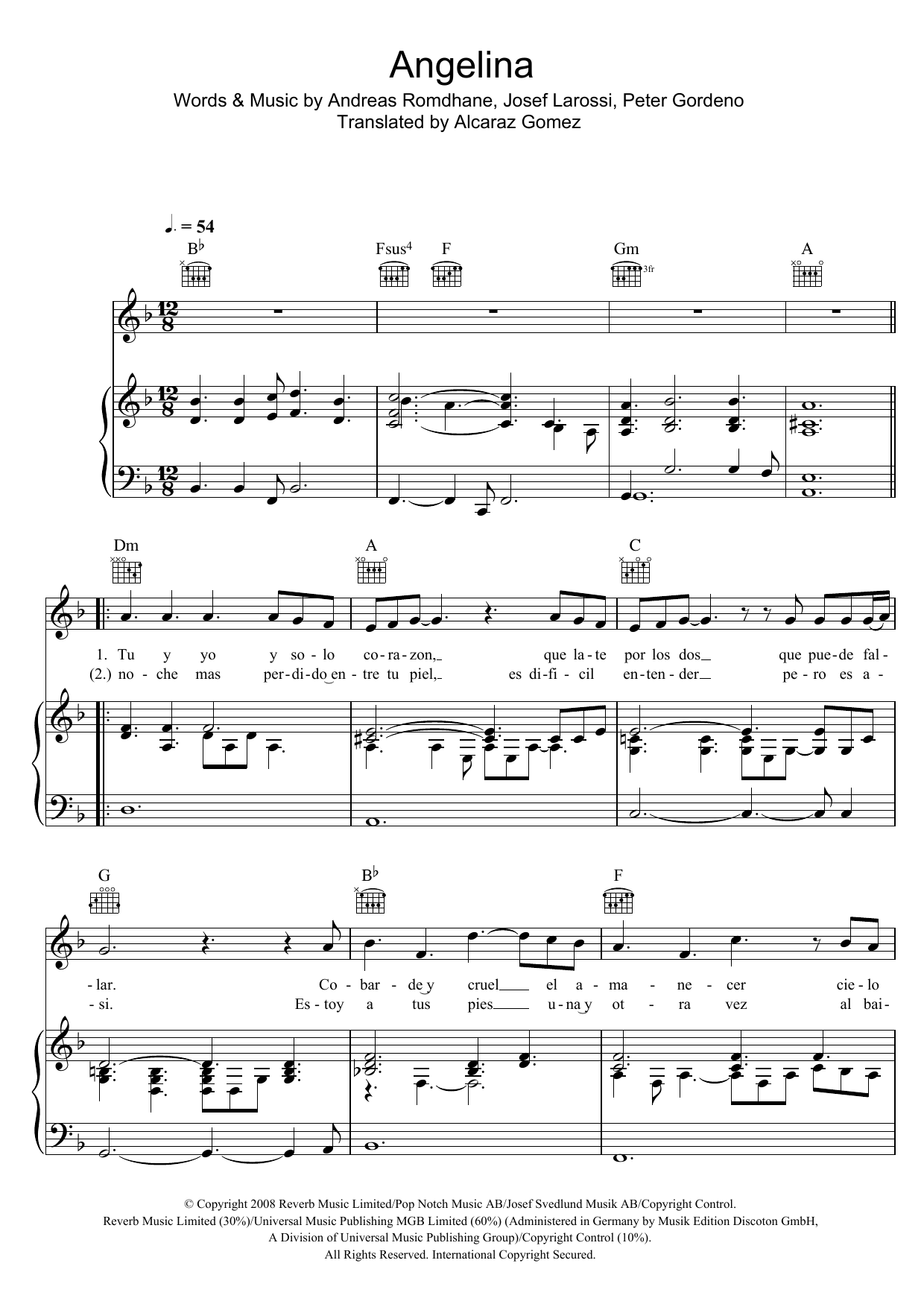 Il Divo Angelina Sheet Music Notes & Chords for Piano, Vocal & Guitar - Download or Print PDF