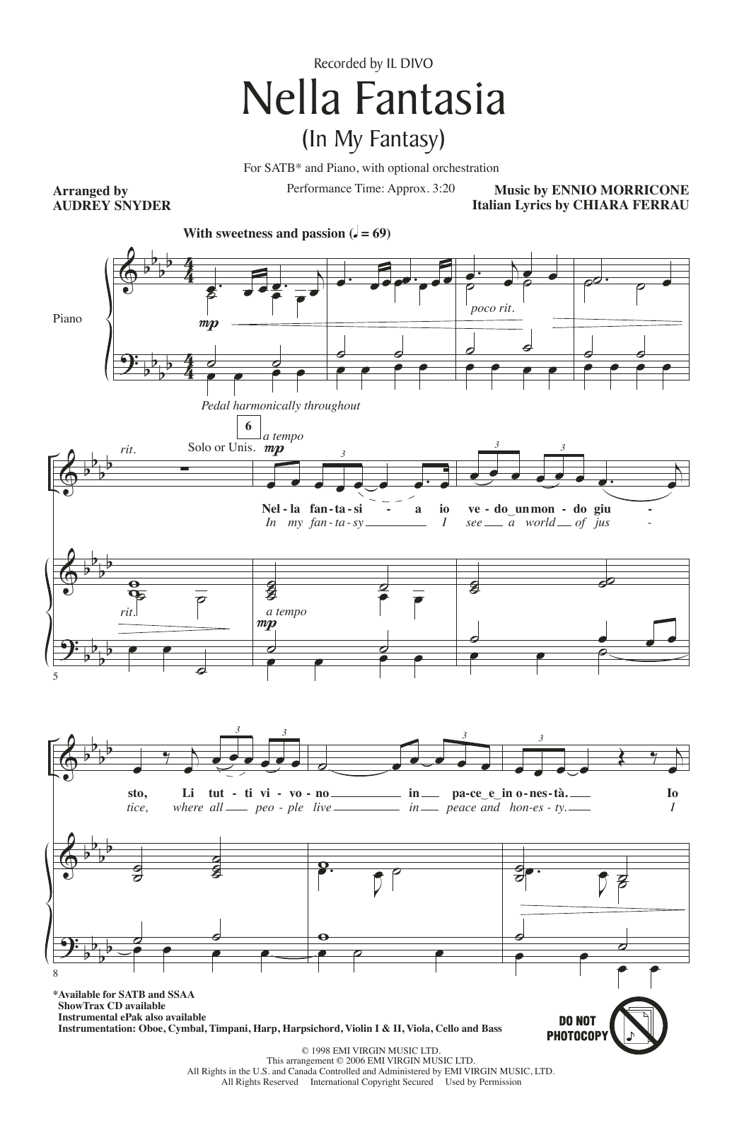 Il Divo Nella Fantasia (In My Fantasy) (arr. Audrey Snyder) Sheet Music Notes & Chords for SATB - Download or Print PDF
