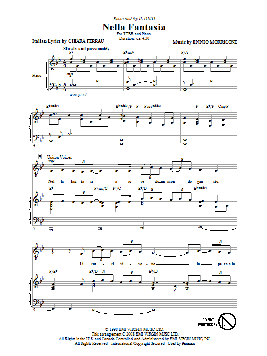 Il Divo Nella Fantasia (In My Fantasy) Sheet Music Notes & Chords for TTBB - Download or Print PDF