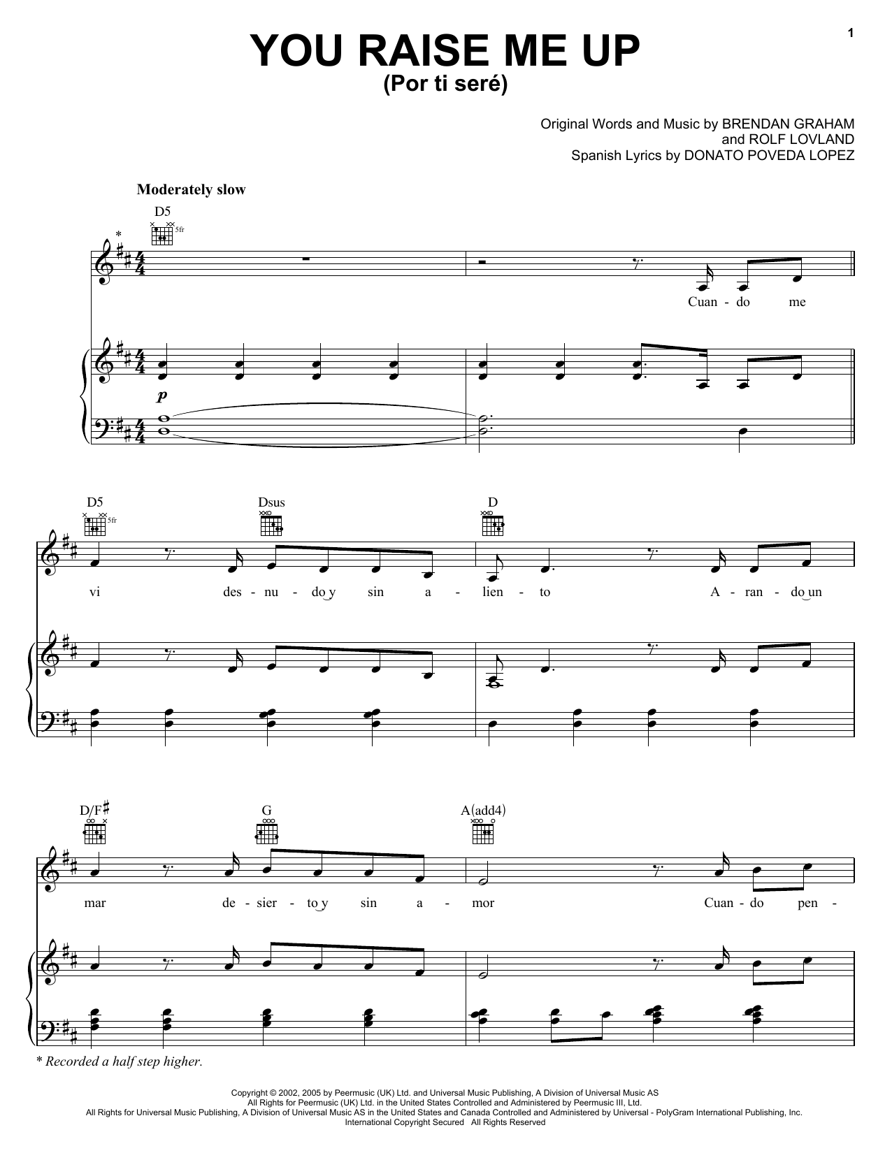 Il Divo Por Ti Sere (You Raise Me Up) Sheet Music Notes & Chords for Piano, Vocal & Guitar (Right-Hand Melody) - Download or Print PDF