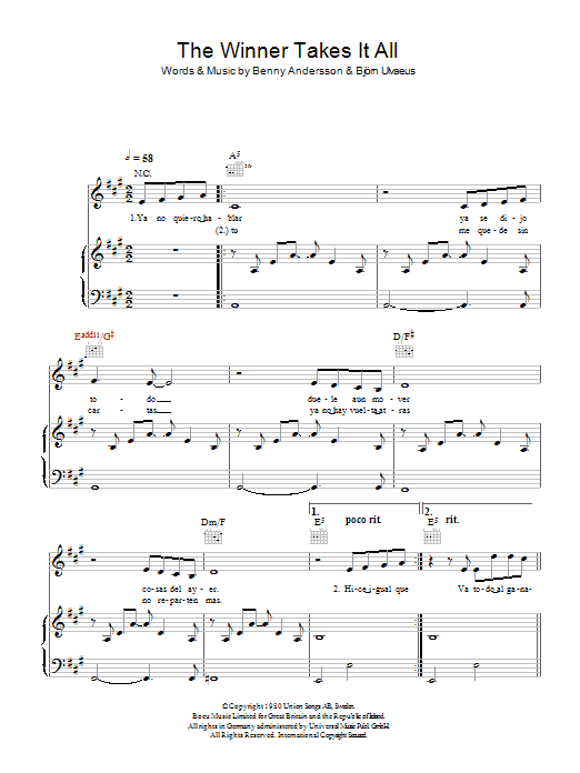 Il Divo The Winner Takes It All Sheet Music Notes & Chords for Piano, Vocal & Guitar - Download or Print PDF Il Divo The Winner Takes It All Sheet Music Notes & Chords for Piano, Vocal & Guitar - Download or Print PDF