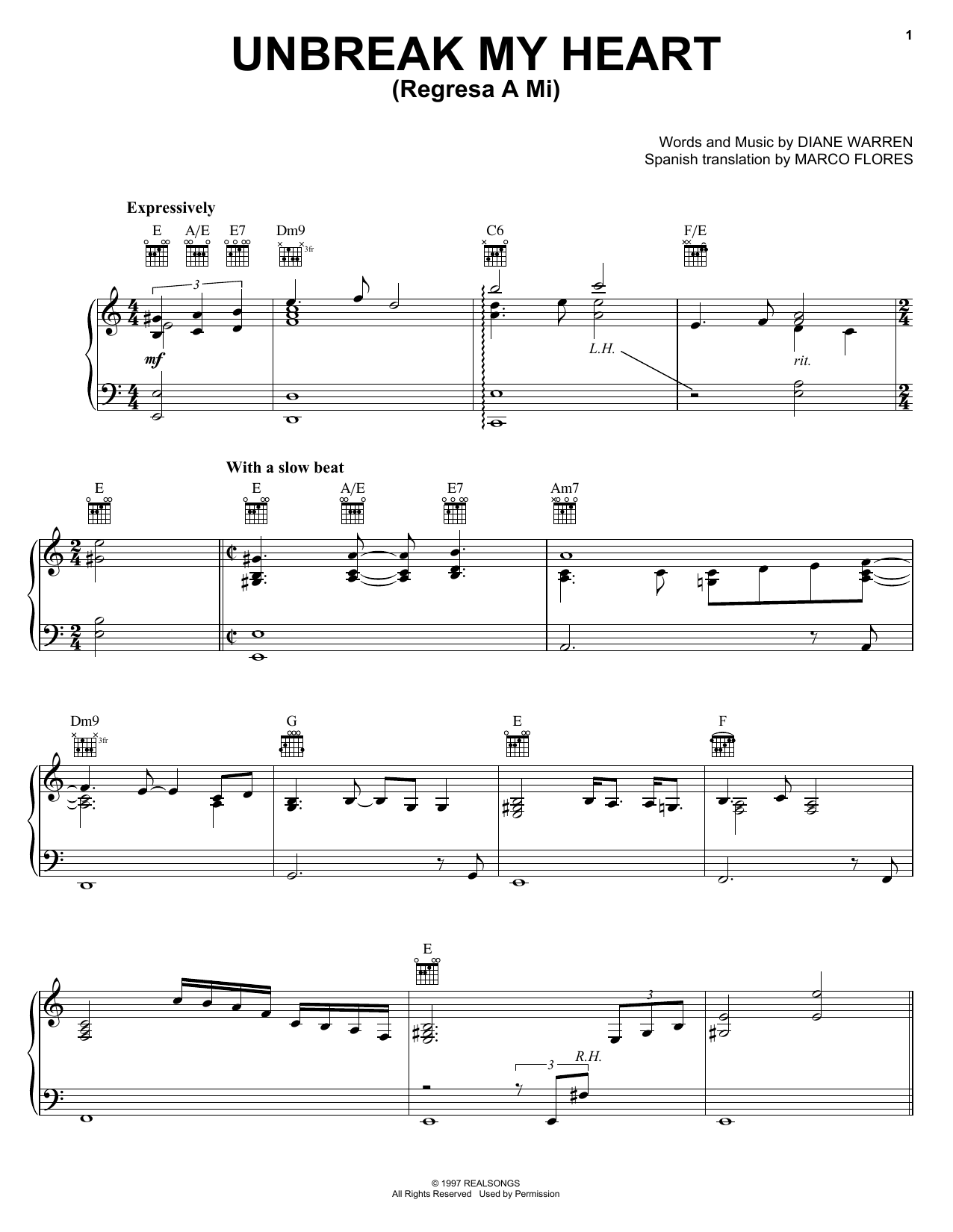 Diane Warren Un-break My Heart Sheet Music Notes & Chords for Piano, Vocal & Guitar (Right-Hand Melody) - Download or Print PDF