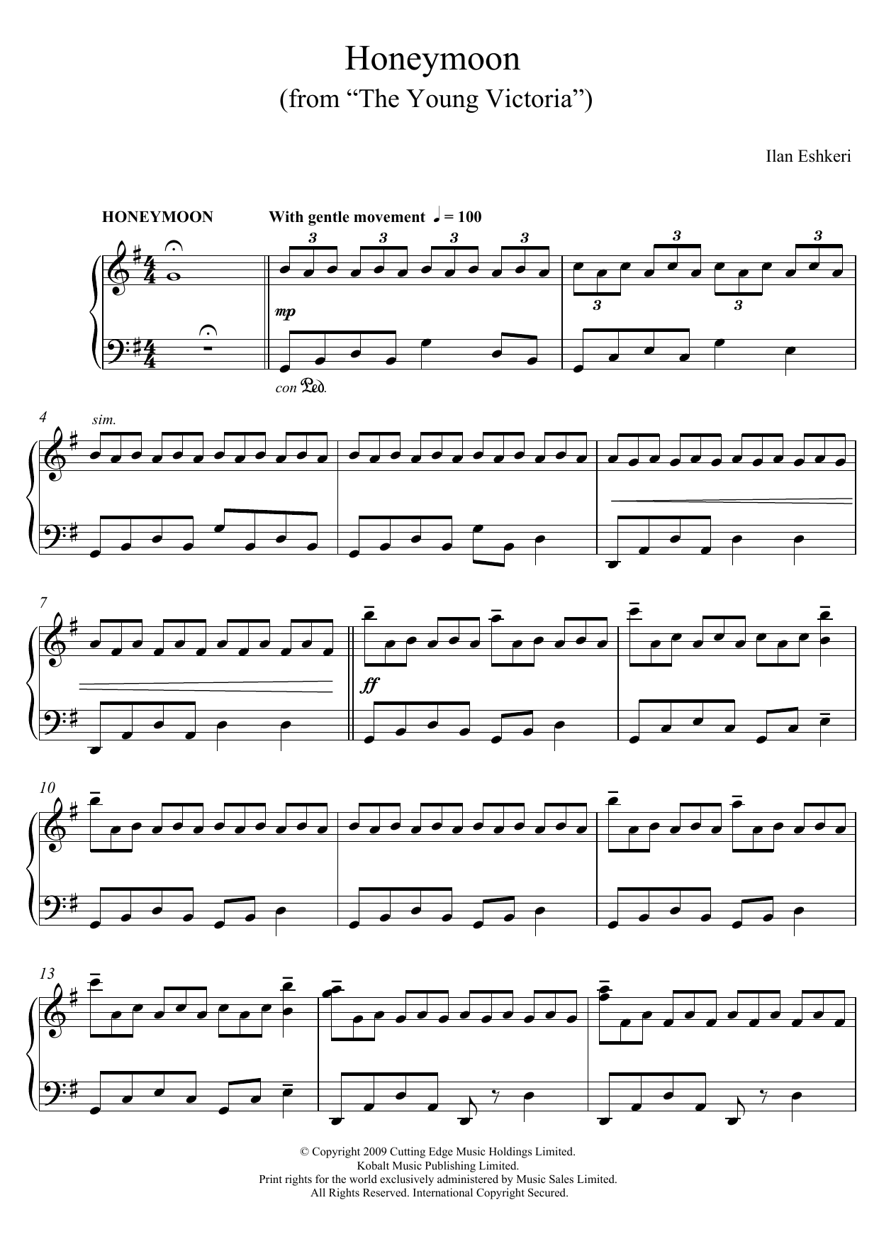 Ilan Eshkeri Honeymoon (from The Young Victoria) Sheet Music Notes & Chords for Piano - Download or Print PDF