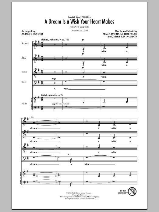 Ilene Woods A Dream Is A Wish Your Heart Makes Sheet Music Notes & Chords for SATB - Download or Print PDF