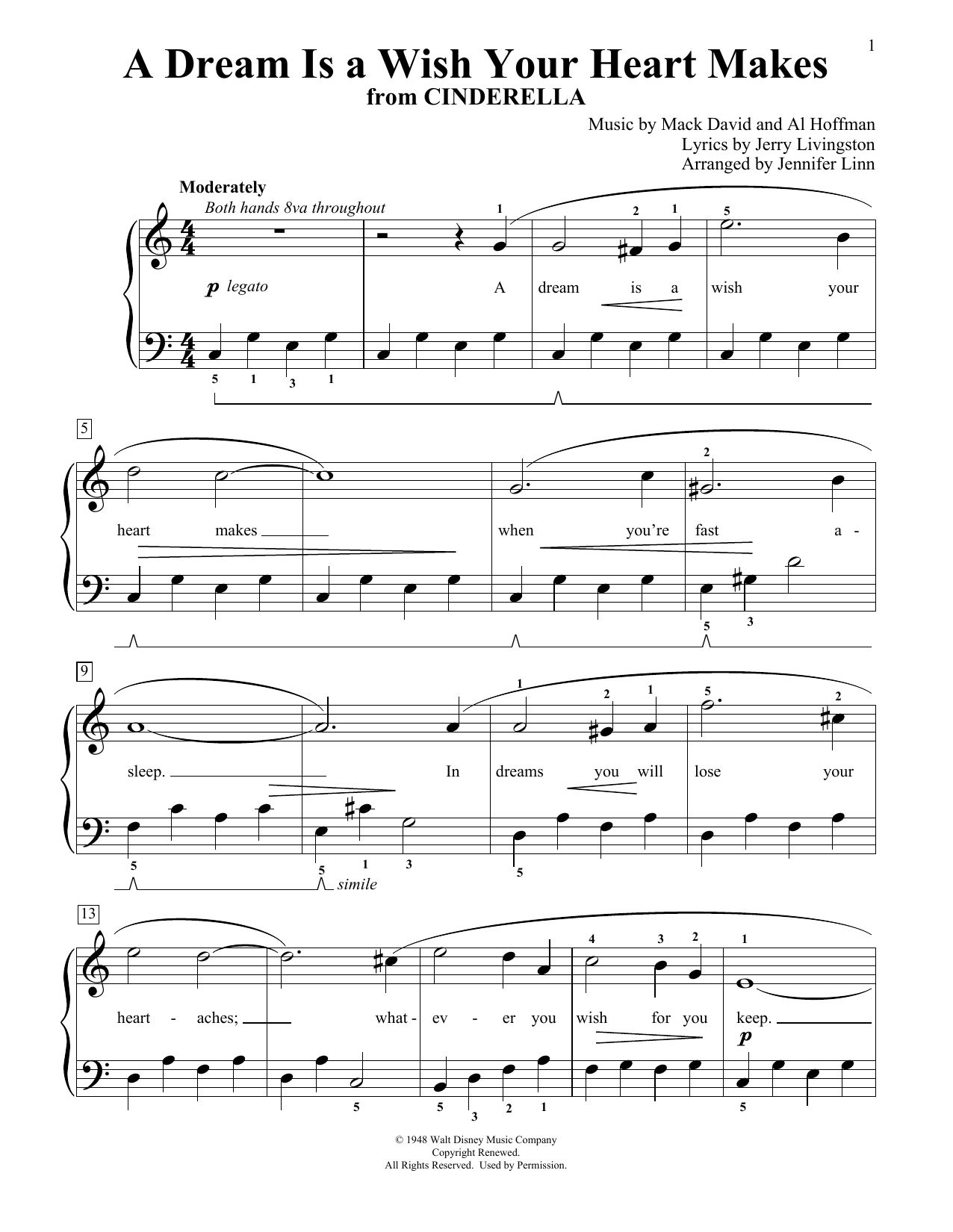 Linda Ronstadt A Dream Is A Wish Your Heart Makes (from Disney's Cinderella) (arr. Jennifer Linn) Sheet Music Notes & Chords for Educational Piano - Download or Print PDF