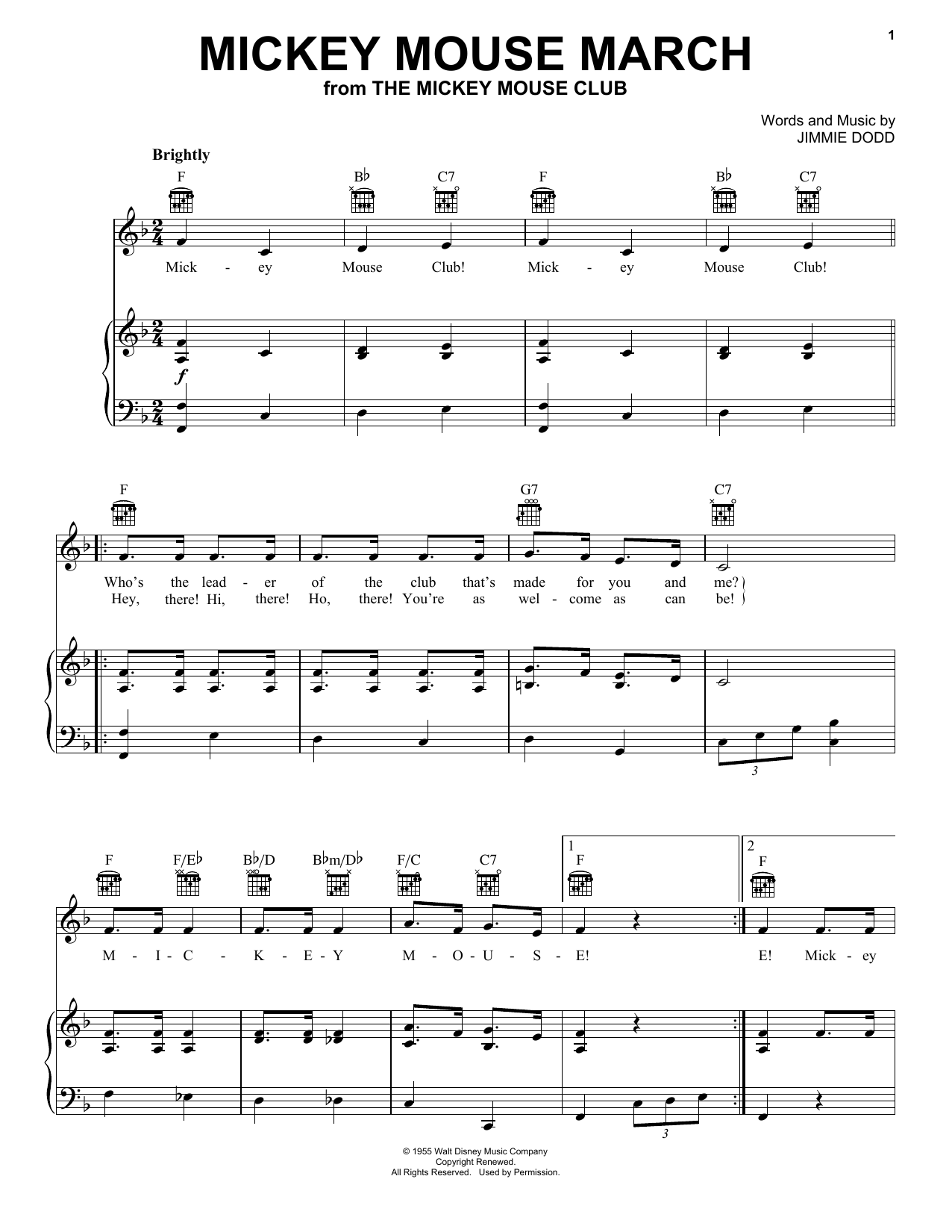 Ilene Woods Mickey Mouse March Sheet Music Notes & Chords for Piano, Vocal & Guitar (Right-Hand Melody) - Download or Print PDF