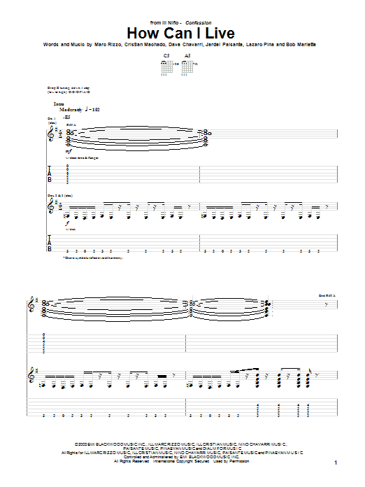 Ill Nino How Can I Live Sheet Music Notes & Chords for Guitar Tab - Download or Print PDF