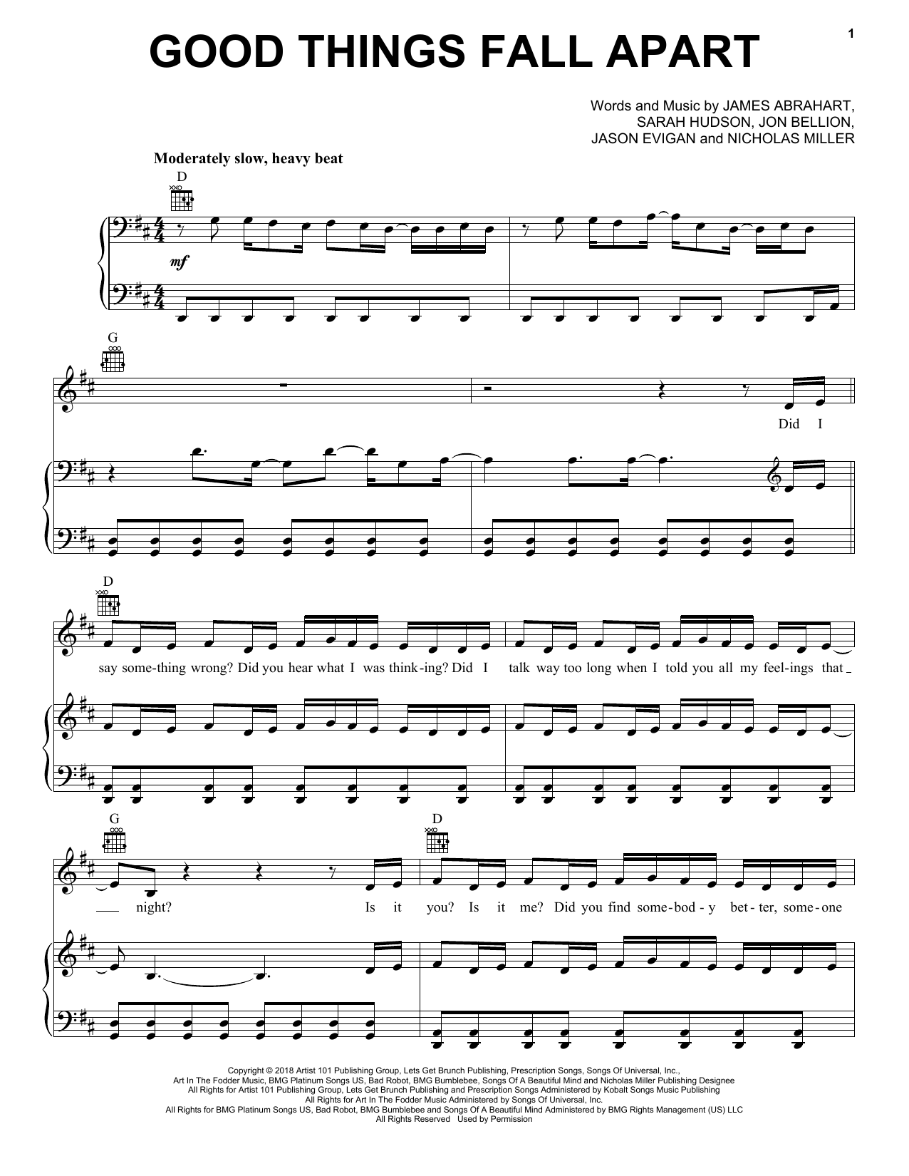 ILLENIUM & Jon Bellion Good Things Fall Apart Sheet Music Notes & Chords for Piano, Vocal & Guitar (Right-Hand Melody) - Download or Print PDF
