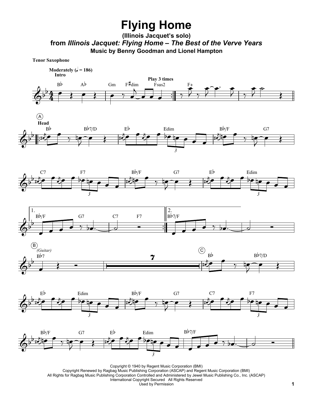 Illinois Jacquet Flying Home Sheet Music Notes & Chords for Tenor Sax Transcription - Download or Print PDF