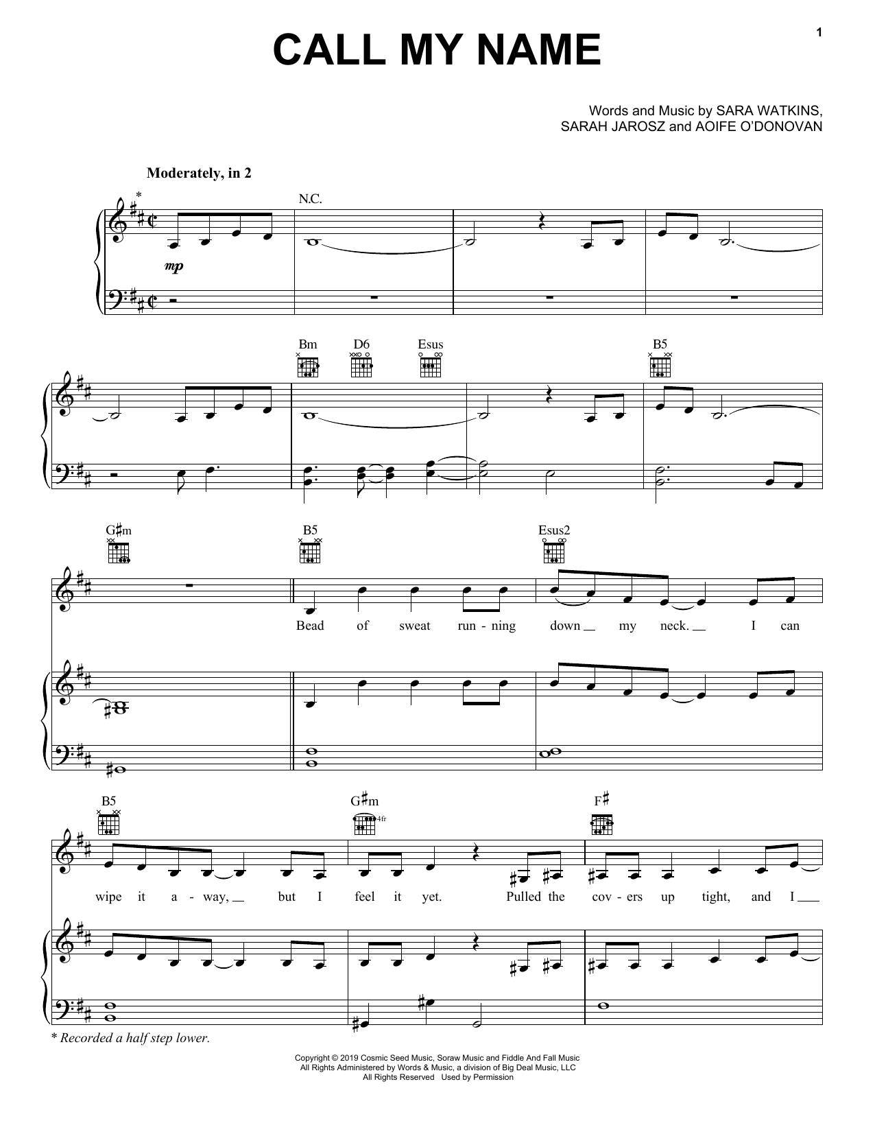 I'm With Her Call My Name Sheet Music Notes & Chords for Piano, Vocal & Guitar (Right-Hand Melody) - Download or Print PDF