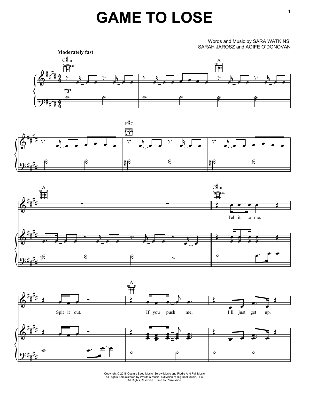 I'm With Her Game To Lose Sheet Music Notes & Chords for Piano, Vocal & Guitar (Right-Hand Melody) - Download or Print PDF