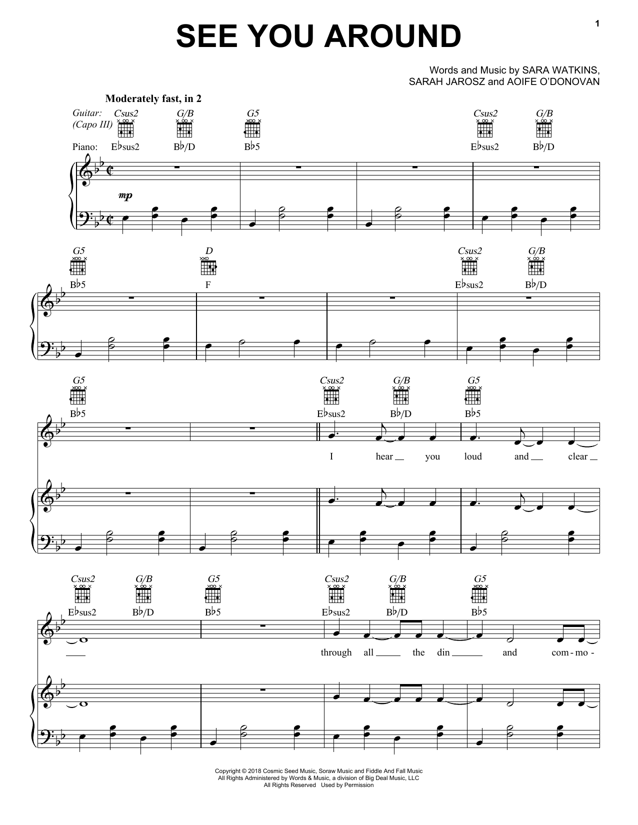 I'm With Her See You Around Sheet Music Notes & Chords for Piano, Vocal & Guitar (Right-Hand Melody) - Download or Print PDF
