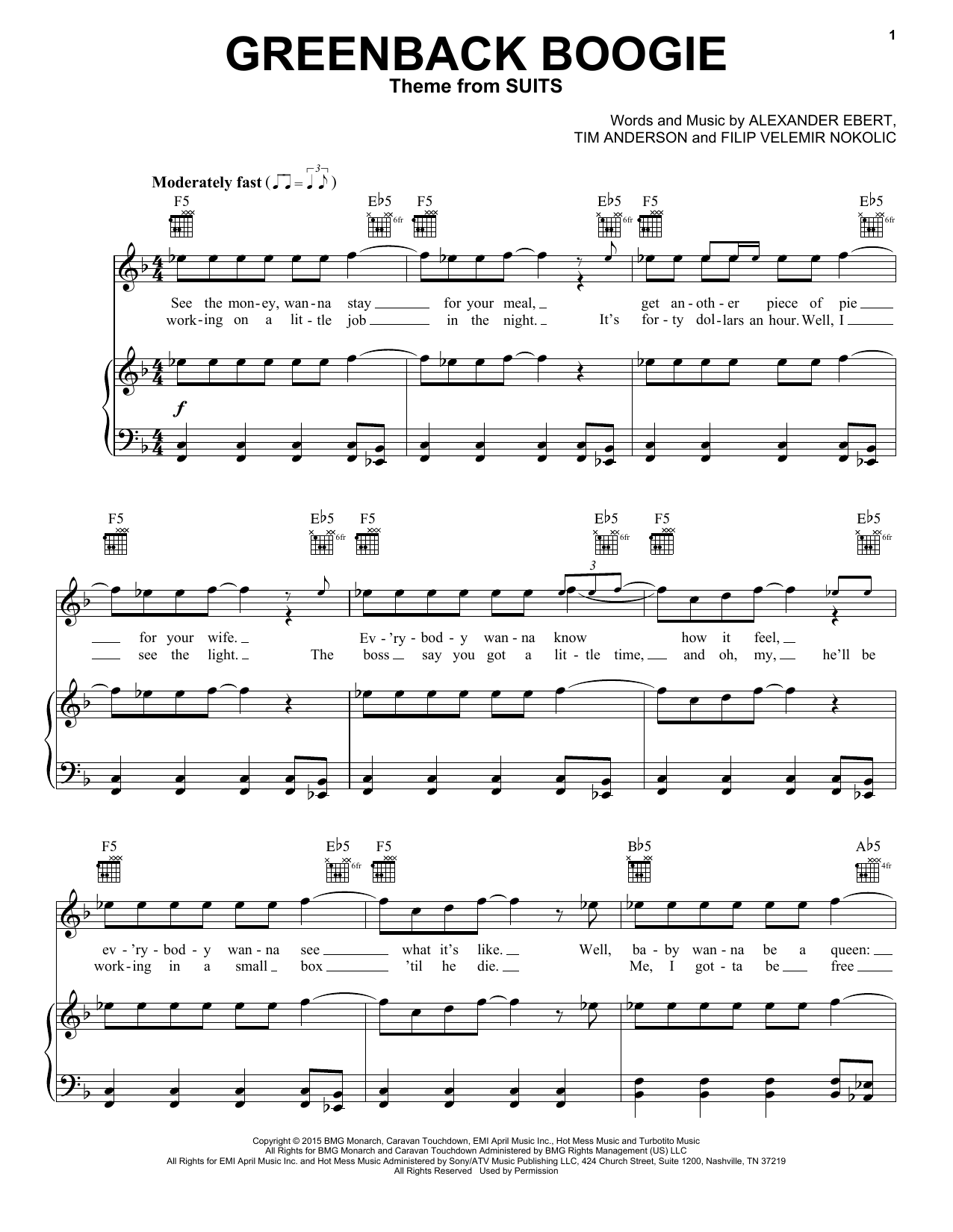 Ima Robot Greenback Boogie (Theme from Suits) Sheet Music Notes & Chords for Piano, Vocal & Guitar (Right-Hand Melody) - Download or Print PDF