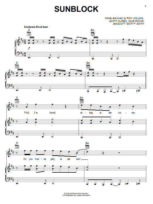 Preview Imagination Movers Sunblock Children sheet music, notes and chords for Piano, Vocal & Guitar (Right-Hand Melody), SKU: 72718 Sunblock sheet music