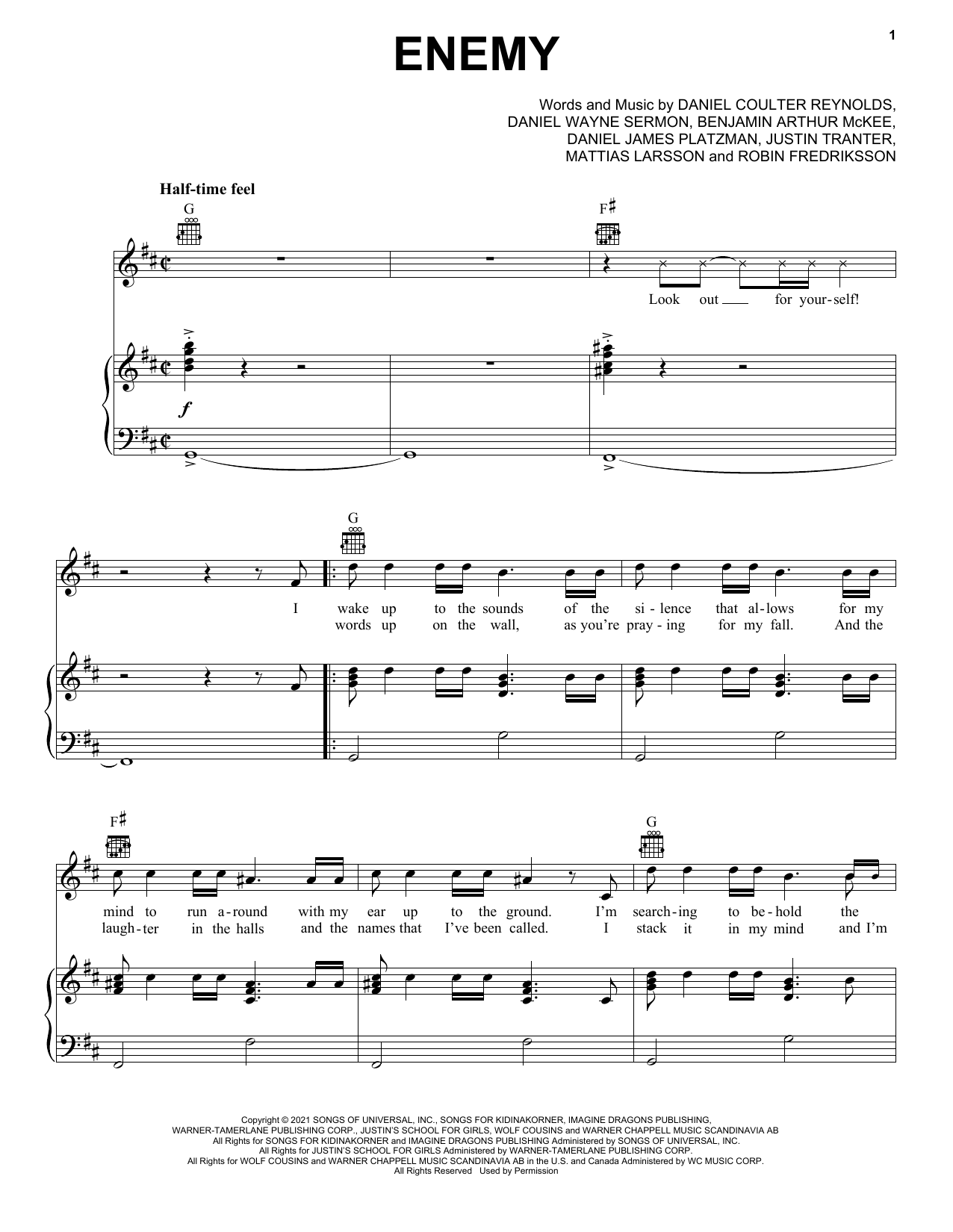 Imagine Dragons & JID Enemy (from the series Arcane League of Legends) Sheet Music Notes & Chords for Easy Guitar Tab - Download or Print PDF