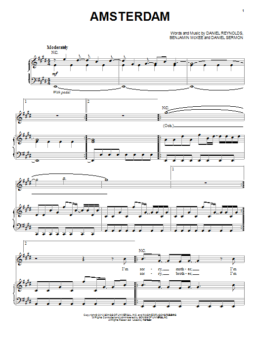 Imagine Dragons Amsterdam Sheet Music Notes & Chords for Piano, Vocal & Guitar (Right-Hand Melody) - Download or Print PDF