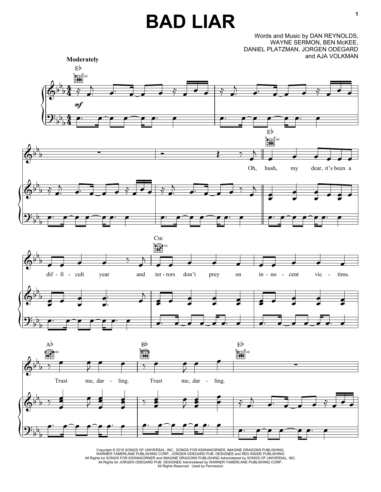 Imagine Dragons Bad Liar Sheet Music Notes & Chords for Piano, Vocal & Guitar (Right-Hand Melody) - Download or Print PDF