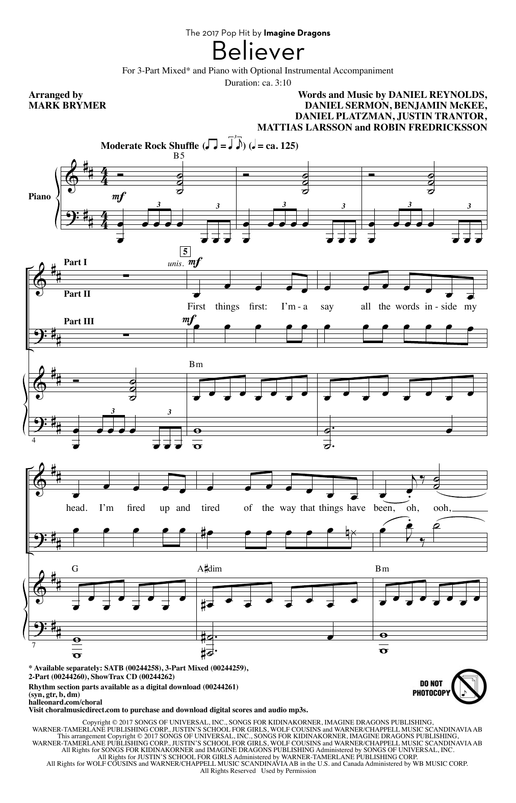 Imagine Dragons Believer (arr. Mark Brymer) Sheet Music Notes & Chords for 2-Part Choir - Download or Print PDF