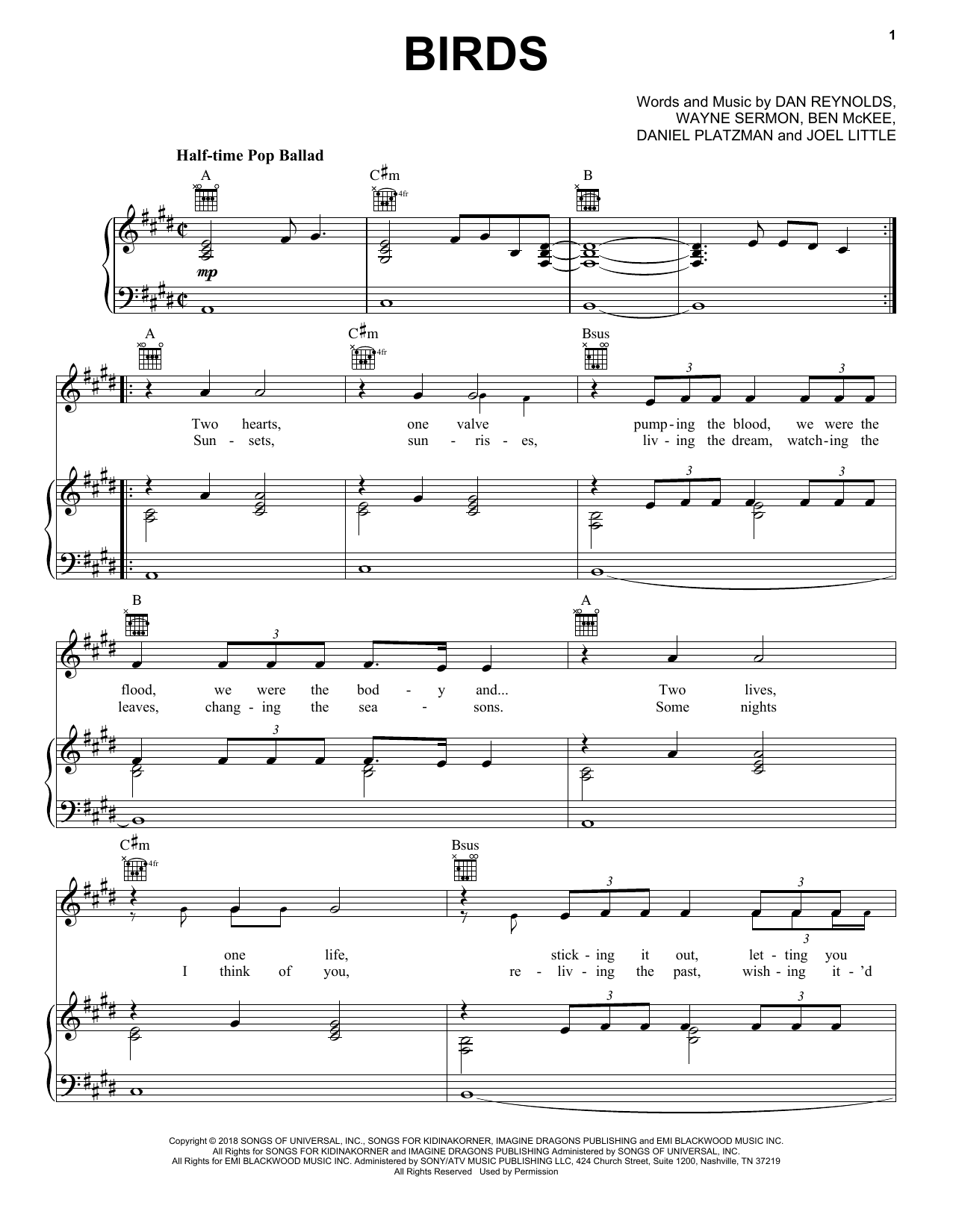 Imagine Dragons Birds Sheet Music Notes & Chords for Piano, Vocal & Guitar (Right-Hand Melody) - Download or Print PDF