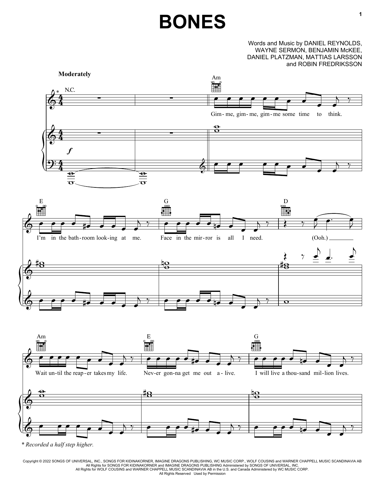 Imagine Dragons Bones Sheet Music Notes & Chords for Piano, Vocal & Guitar Chords (Right-Hand Melody) - Download or Print PDF