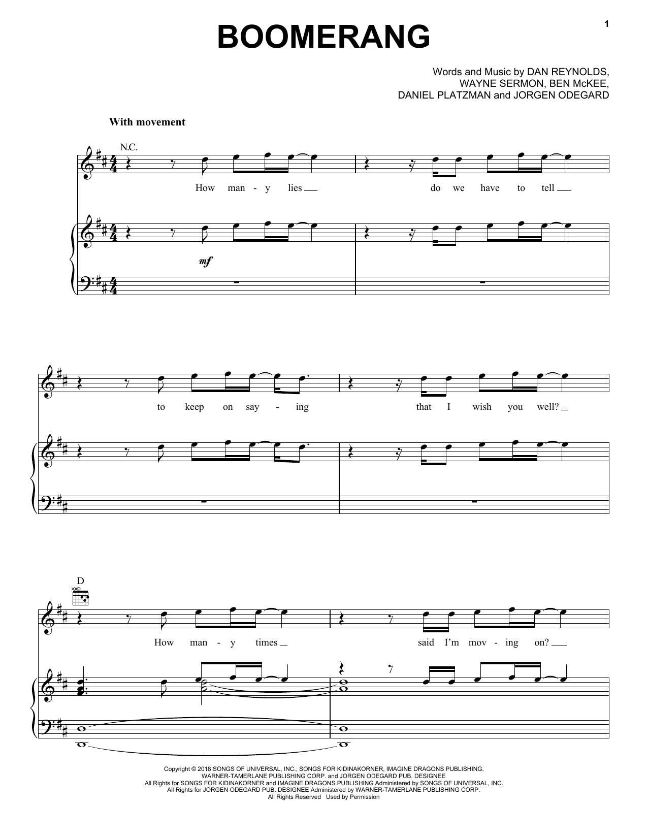 Imagine Dragons Boomerang Sheet Music Notes & Chords for Piano, Vocal & Guitar (Right-Hand Melody) - Download or Print PDF