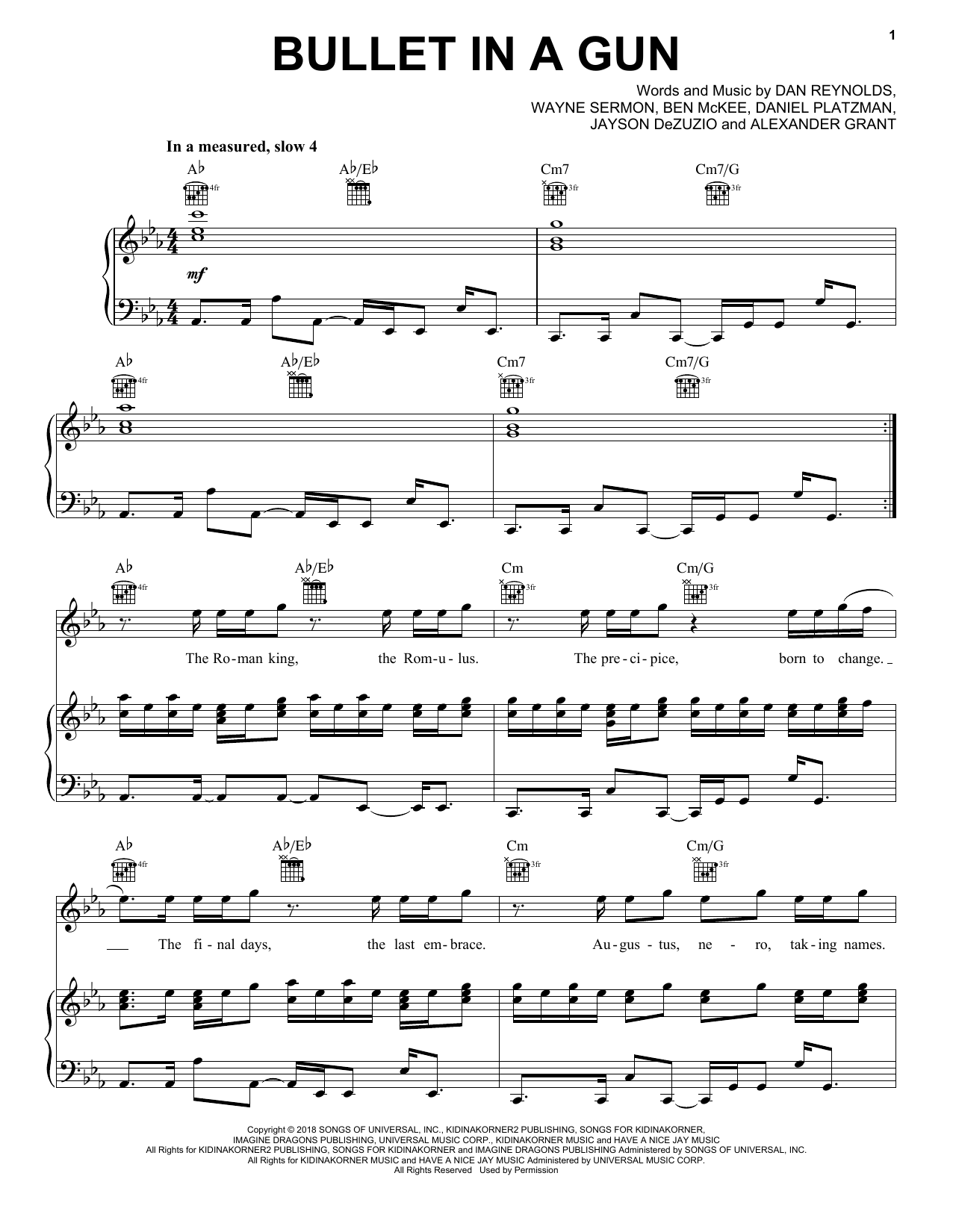 Imagine Dragons Bullet In A Gun Sheet Music Notes & Chords for Piano, Vocal & Guitar (Right-Hand Melody) - Download or Print PDF