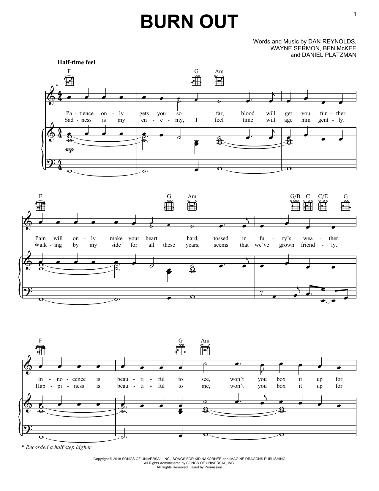 Imagine Dragons Burn Out Sheet Music Notes & Chords for Piano, Vocal & Guitar (Right-Hand Melody) - Download or Print PDF