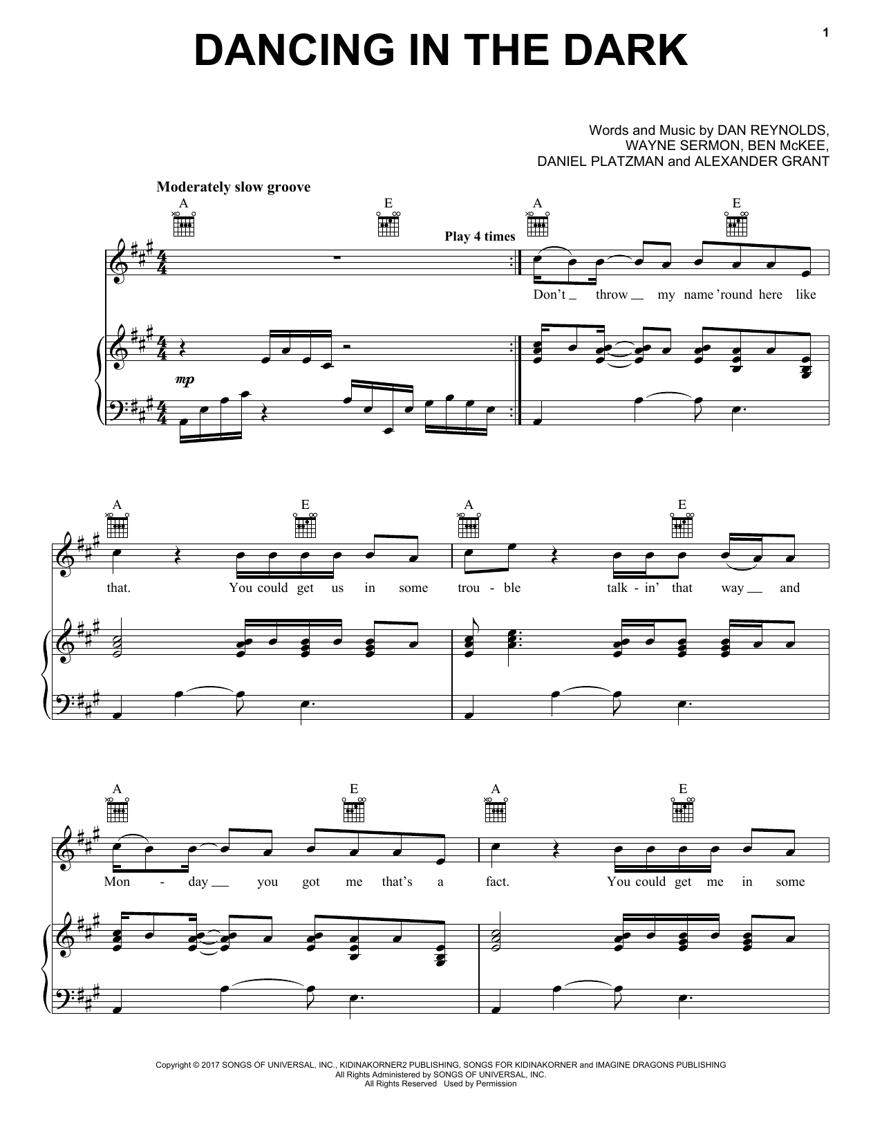 Imagine Dragons Dancing In The Dark Sheet Music Notes & Chords for Piano, Vocal & Guitar (Right-Hand Melody) - Download or Print PDF