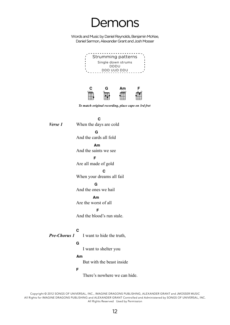 Imagine Dragons Demons (arr. Elise Ecklund) Sheet Music Notes & Chords for Ukulele Chords/Lyrics - Download or Print PDF