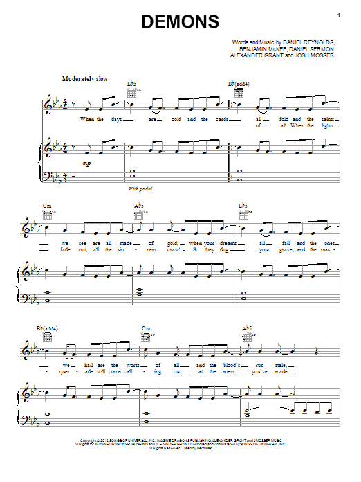 Imagine Dragons Demons Sheet Music Notes & Chords for Piano, Vocal & Guitar (Right-Hand Melody) - Download or Print PDF