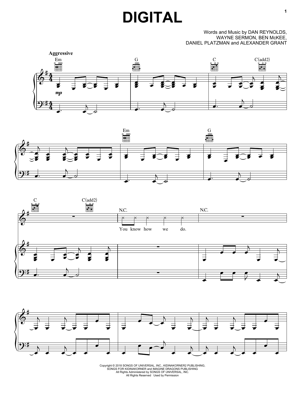 Imagine Dragons Digital Sheet Music Notes & Chords for Piano, Vocal & Guitar (Right-Hand Melody) - Download or Print PDF