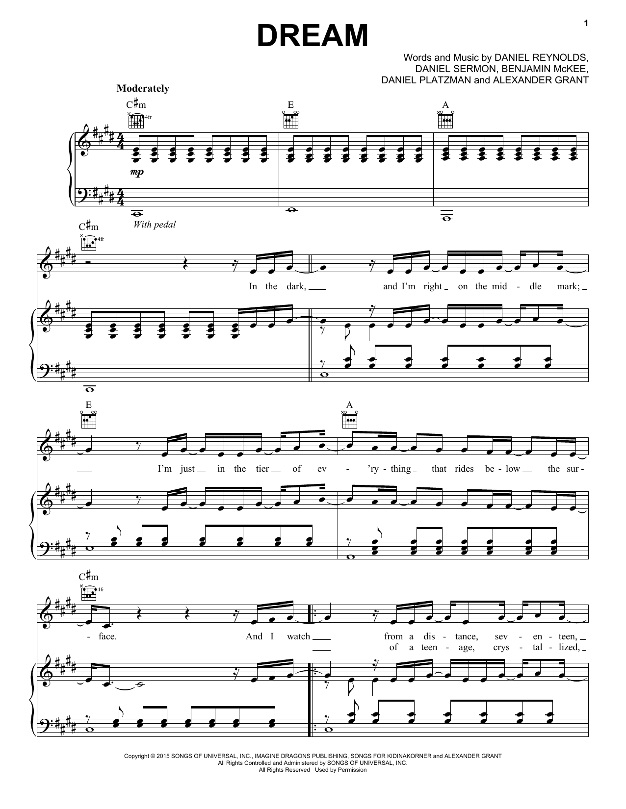 Imagine Dragons Dream Sheet Music Notes & Chords for Piano, Vocal & Guitar (Right-Hand Melody) - Download or Print PDF