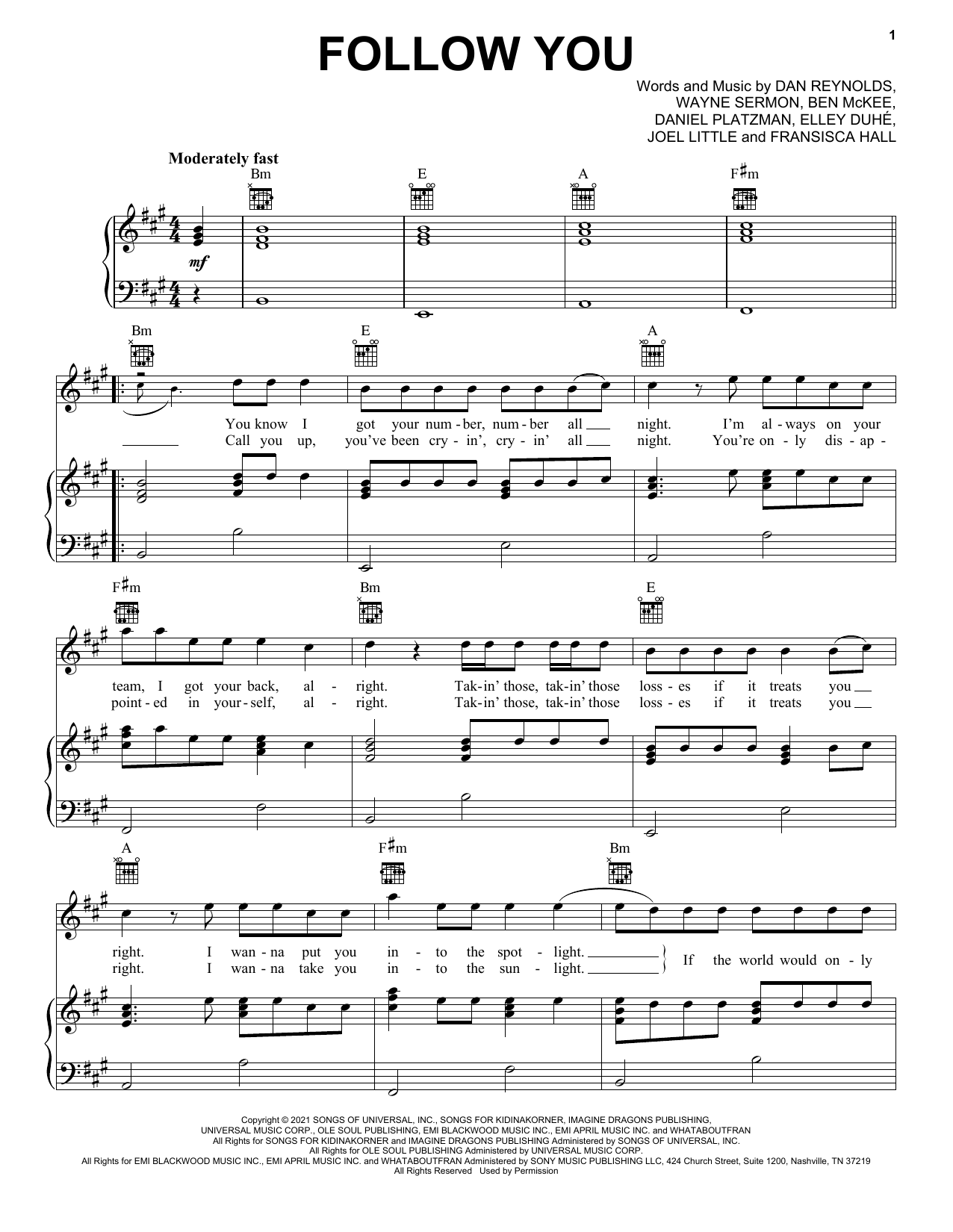 Imagine Dragons Follow You Sheet Music Notes & Chords for Piano, Vocal & Guitar (Right-Hand Melody) - Download or Print PDF