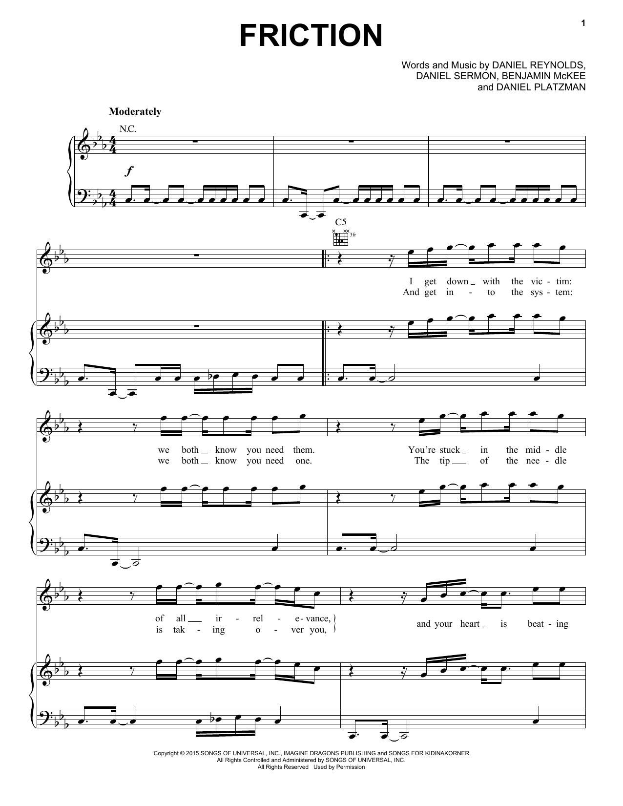 Imagine Dragons Friction Sheet Music Notes & Chords for Piano, Vocal & Guitar (Right-Hand Melody) - Download or Print PDF