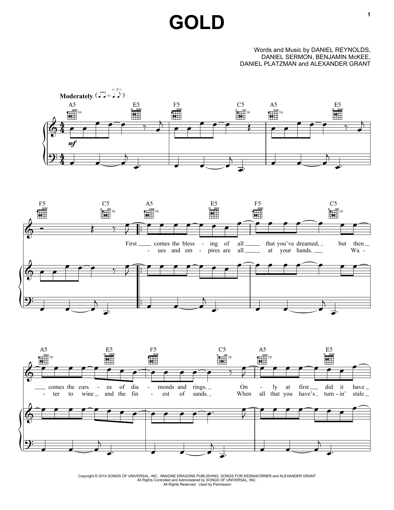 Imagine Dragons Gold Sheet Music Notes & Chords for Piano, Vocal & Guitar (Right-Hand Melody) - Download or Print PDF