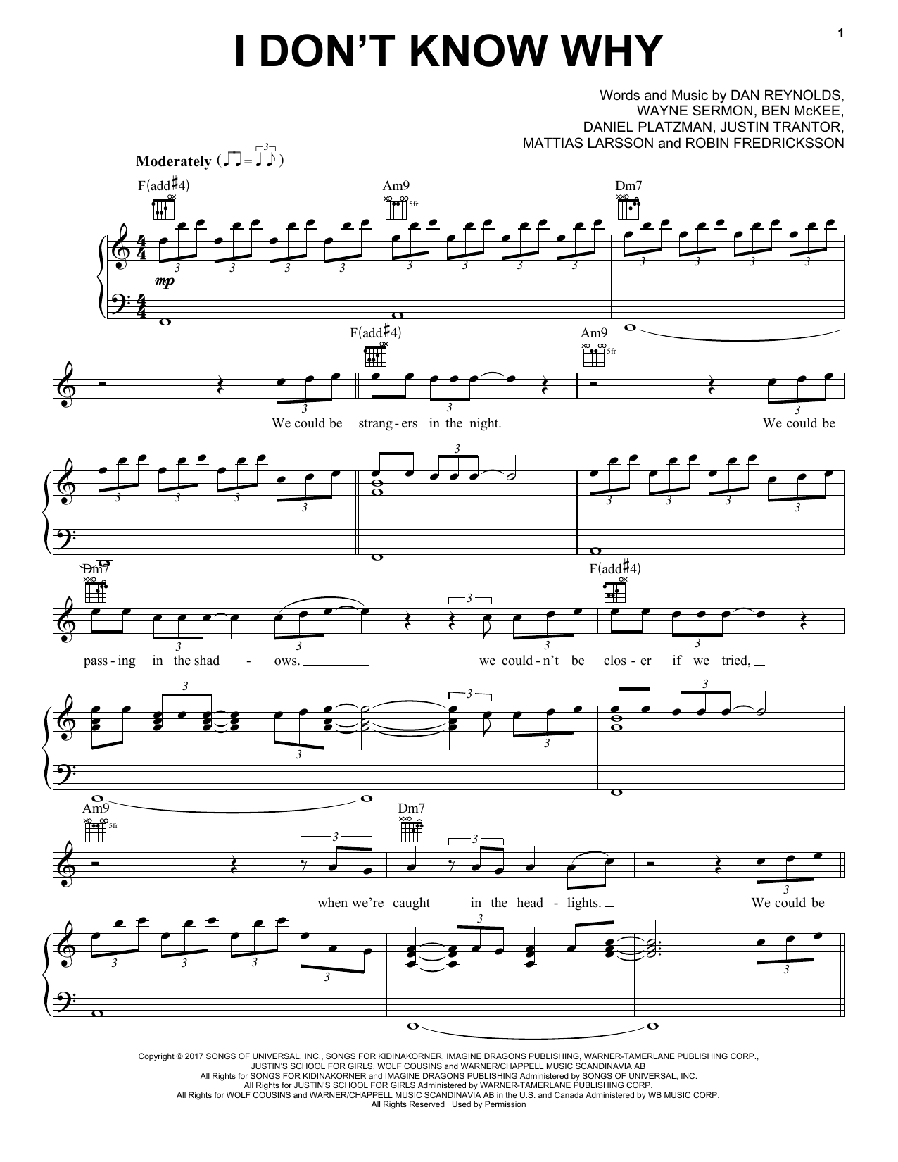 Imagine Dragons I Don't Know Why Sheet Music Notes & Chords for Piano, Vocal & Guitar (Right-Hand Melody) - Download or Print PDF