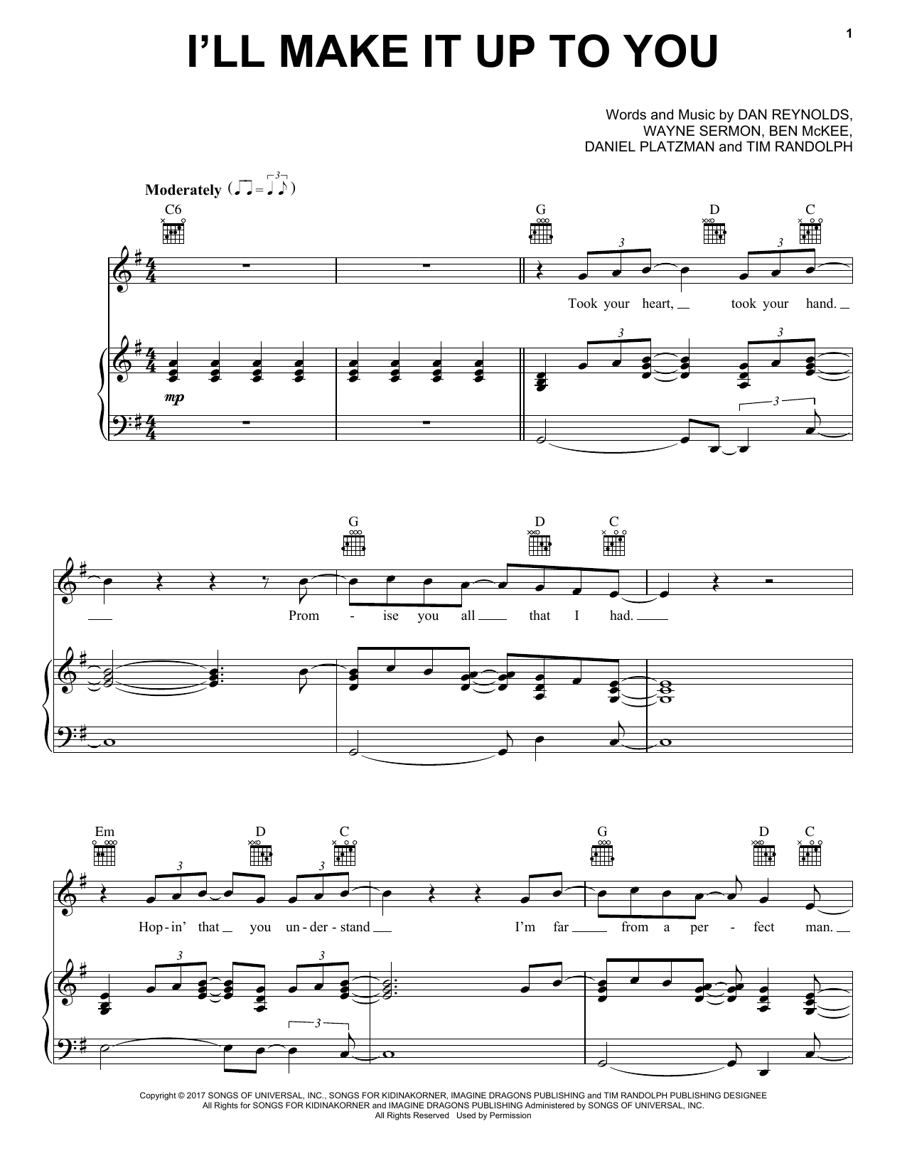 Imagine Dragons I'll Make It Up To You Sheet Music Notes & Chords for Piano, Vocal & Guitar (Right-Hand Melody) - Download or Print PDF