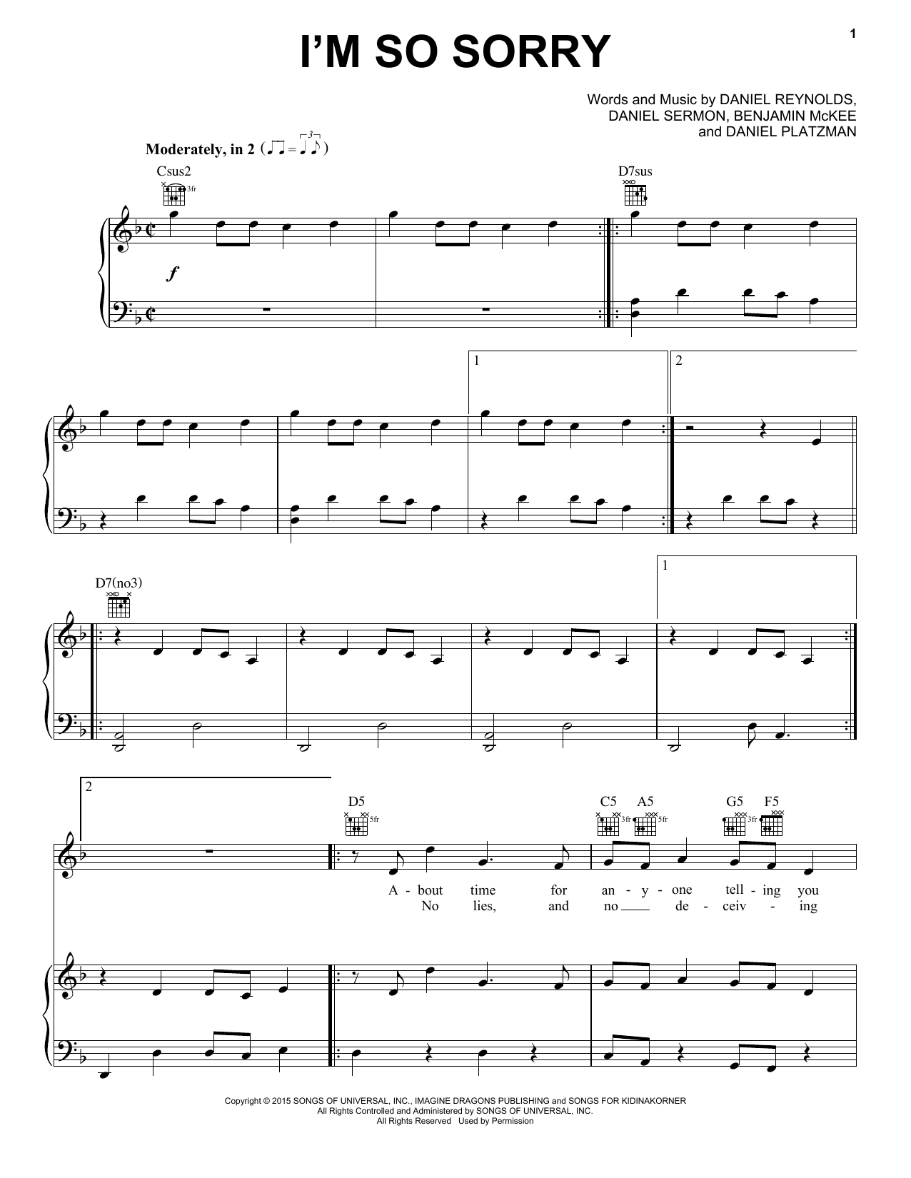 Imagine Dragons I'm So Sorry Sheet Music Notes & Chords for Piano, Vocal & Guitar (Right-Hand Melody) - Download or Print PDF